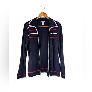 Exclusively Misook Blue Ribbed Cardigan/ Sweater Blazer Red White Trim Size M